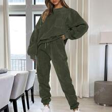 2 pezzi Completo casual da donna con top a girocollo monocolore a maniche lunghe e pantaloni con coulisse