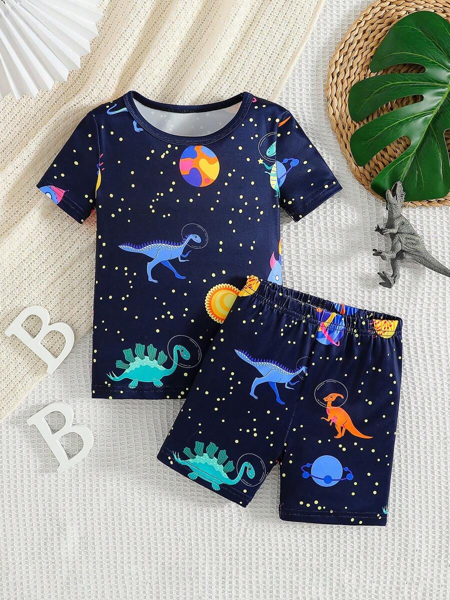 男童恐龙印花短袖短裤睡衣套装，夏季休闲家居服