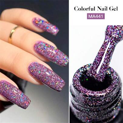 MEET ACROSS Colorful Glitter Gel Nail Polish , Holographic Laser Effect Super Shine Purple Glitter Gel Polish, Semi Permanent Soak Off UV Gel Varnish Manicure Nail Art DIY For Home And Salon Nails
