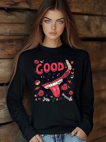 Women GOOD  Funny Cartoon Street T-Shirt Fashion Print Short Sleeve Round-Neck Loose Fit Tops Streetwear - Black - View 1