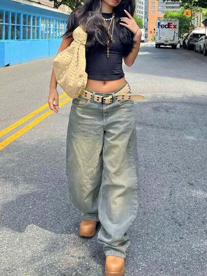 Vintage blue washed straight-leg jeans for women, american design loose casual wide-leg dragging long pantsvintage pants