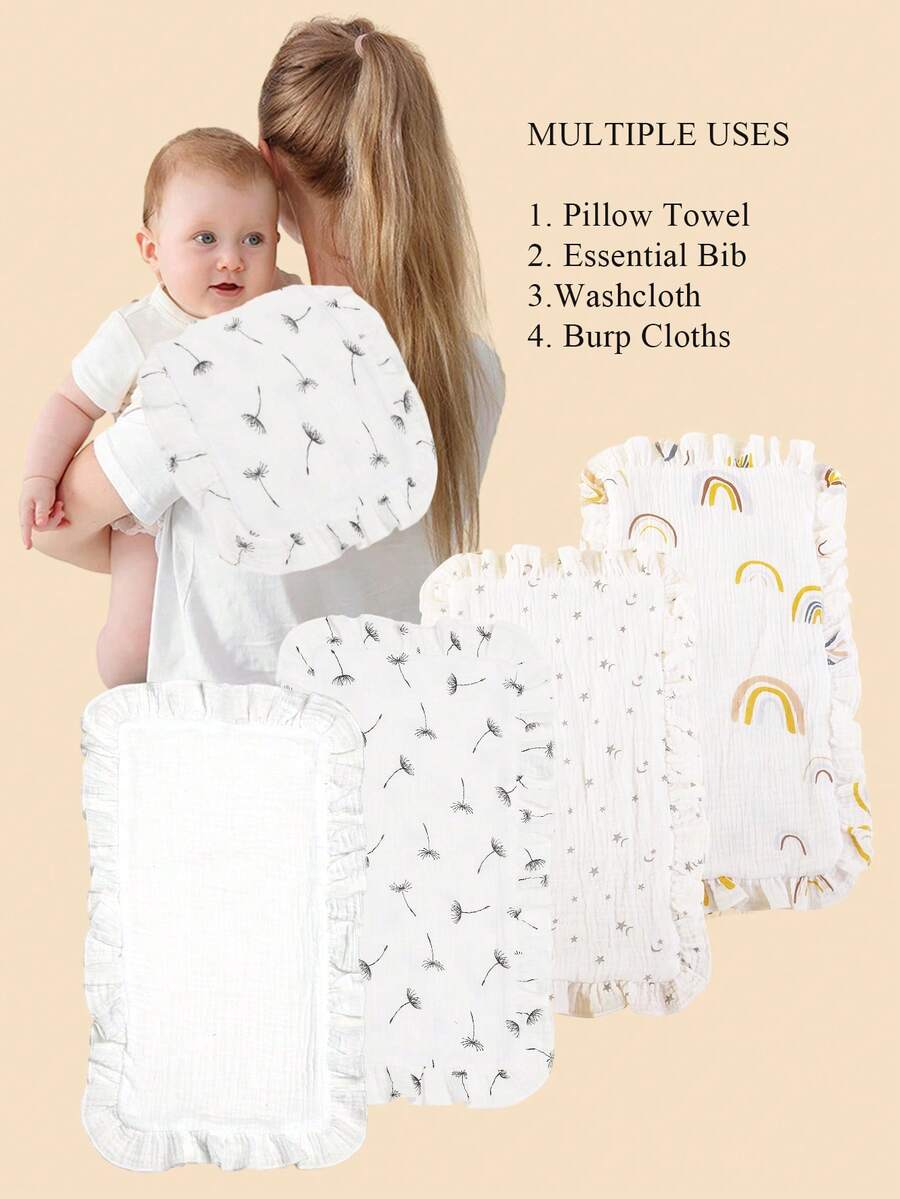 4件組嬰兒皺褶布哺乳圍兜、拍嗝布、吸水毛巾,帶荷葉邊多功能布巾 - 彩色 - 查看 1