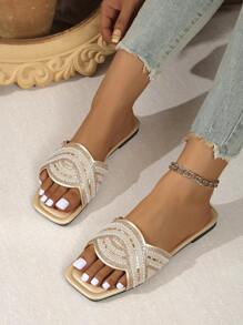 French Rhinestone Square Toe Slip-On Flat Sandals For Women, Spring/Summer/Fall Outdoor Wear, 2025 New Delicate Lady Style Suitable With Dresses - Gold - View 6