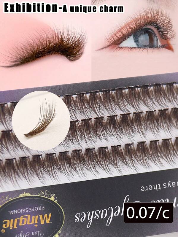 60pcs 50D Soft Segmented Lashes, Volumizing Coffee Brown Color, Russian Makeup False Eyelashes DIY
