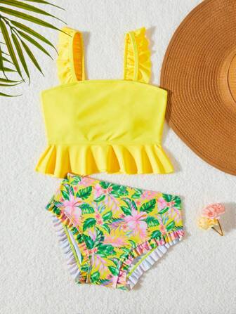 Tween Girl Floral Print Ruffled Trim Bikini Set