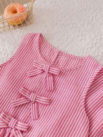 2pcs/Set Young Girl Casual Bow Striped Sleeveless Tank Top And Pants Set, Summer