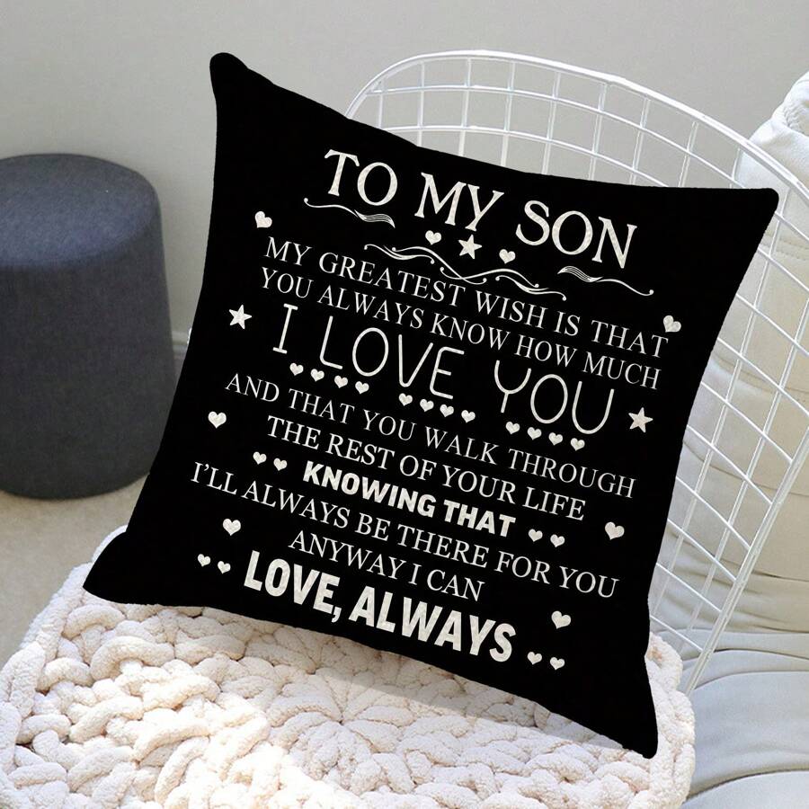 1 Pc, Linen-Like Print Pillow Case, Gift For Son From Mom And Dad, Design Cushion Cover, 45.72 X 45.72 Cm (Pillow Not Included) - Black - View 1