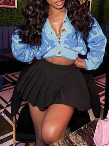 Sweet Allover Colorblock Front Button Cropped Casual Cardigan, Long Sleeve - Blue - View 3