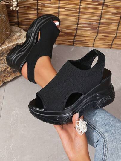 New Summer Platform Wedge Sandals For Women, Versatile Elastic Strap Sandals, High Heel Elegant Sandals, Mesh Breathable Comfortable Sandals - Black Sandals, Wedge High Heel Sandals For Women