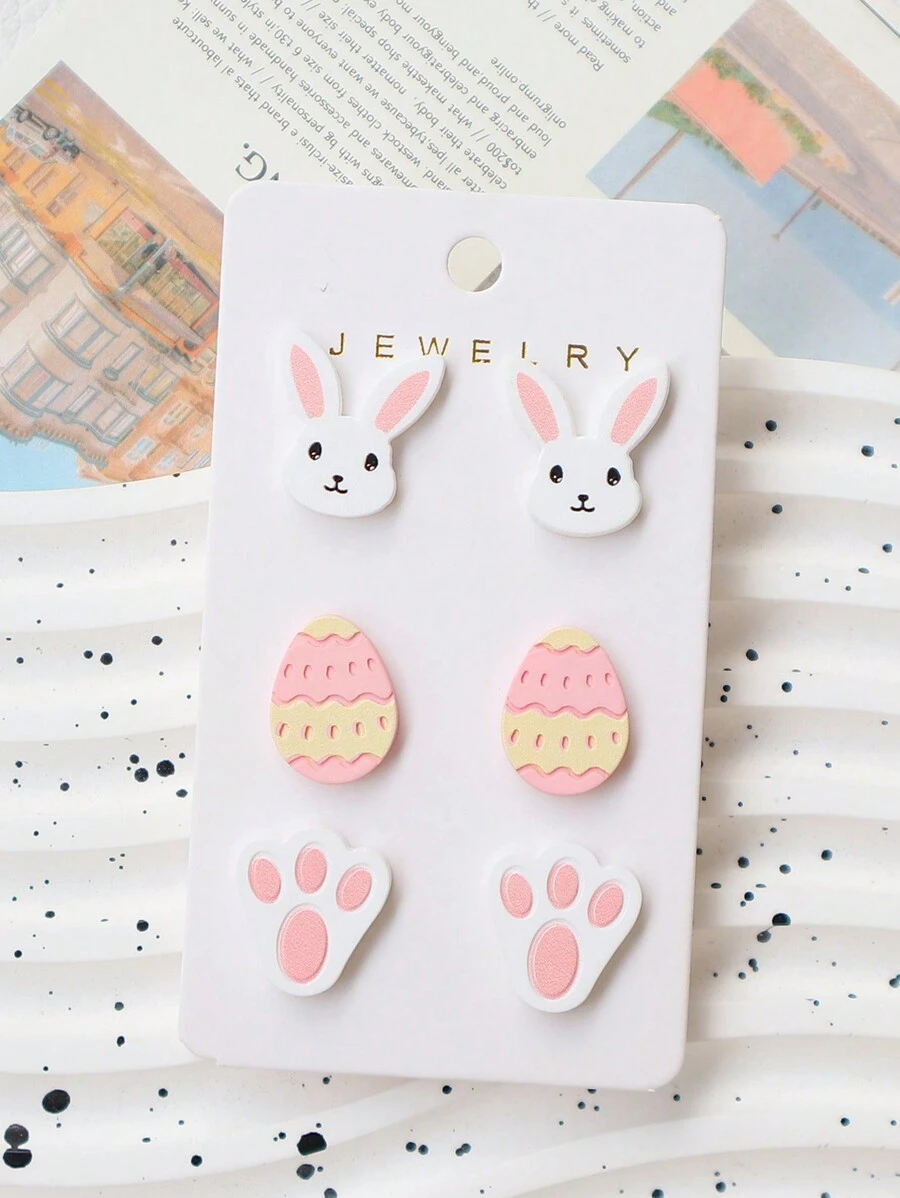 3 Pairs Acrylic Faux Soft Clay Painted Carved Rabbit & Easter Egg Stud Earrings Set, Cute Holiday Gift, Party Earrings - Easter Three Piece Set - View 1