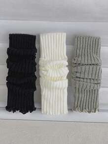 2 Pairs Women Solid Color Vertical Striped Simple Fashionable Warm Thicken Leg Warmers, Autumn/Winter