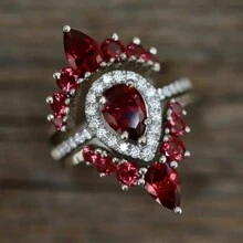 Exquisite And Elegant Tear Drops Imitating Garnet And Zirconia, Bridal Fashion Set - Pear Red - Holy Light Bridal Ring, 3 Wedding Rings, Engagement Gift, Birthday Gift, For Girlfriend