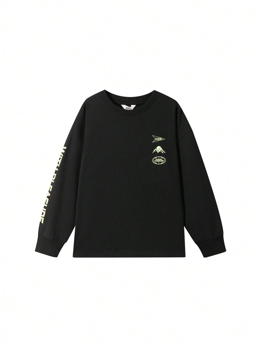 Annil T-shirt a maniche lunghe per bambini, stile casual con collo tondo. Colore bianco, elastico, ampio e alla moda, adatto per la primavera.