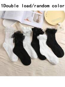 6 pares de calcetines con textura doble y encaje decorativo, calcetines suaves y adorables para mujer, calcetines de tubo medio para el Día de San Valentín
