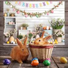 1PC Easter Theme Party Photography Backdrop (210*150/150*100/100*75CM)Spring Colorful Rabbit Rusitc Eggs Hunt Wooden Wall Background Floral Bunny Party Decorations Portrait Photo BannerNewborn Shower Party Cake Table Decoration Banner Props