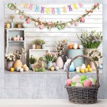 1PC Easter Theme Party Photography Backdrop (210*150/150*100/100*75CM)Spring Colorful Rabbit Rusitc Eggs Hunt Wooden Wall Background Floral Bunny Party Decorations Portrait Photo BannerNewborn Shower Party Cake Table Decoration Banner Props