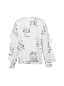Women Long Sleeve Chiffon Shirts Button-Down Ruffle T Shirt Lady Elegant Solid Color/Letter/Butterfly/Plant Print V-Neck Long Sleeve Dressy Blouse Summer Vacation Casual Loose Top Boho Clothes Outfit - Đen và trắng - Xem 4