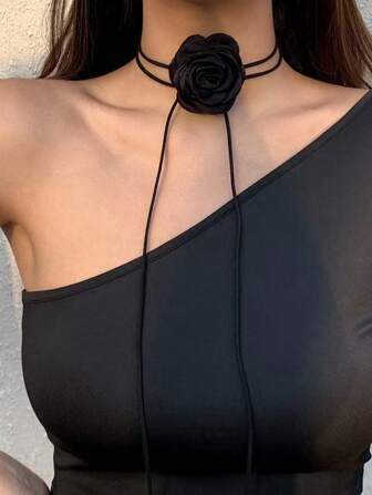 1pc Black Rose Flower Choker Necklace, Vintage Sexy Camellia Gothic Style Tie-Up Wrapped Neck Band Decoration, Accessory For Dresses, Formal Occasions, Parties, Dates, Friend Gifts Valentines