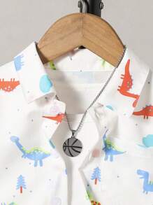 2pcs/Set Young Boy Outdoor Casual Vacation Dinosaur Print Cardigan Shirt And Solid Orange Shorts Sets, Spring/Summer