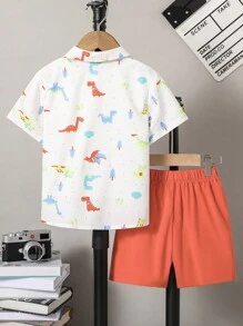 2pcs/Set Young Boy Outdoor Casual Vacation Dinosaur Print Cardigan Shirt And Solid Orange Shorts Sets, Spring/Summer
