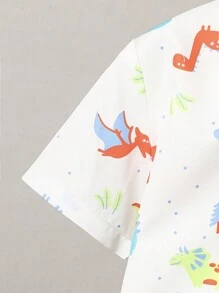 2pcs/Set Young Boy Outdoor Casual Vacation Dinosaur Print Cardigan Shirt And Solid Orange Shorts Sets, Spring/Summer