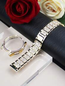 女款亮面水鑽金屬錶帶與錶殼組合，相容 Galaxy Watch 4/5/6/7/8/9 系列 40、44mm，時尚奢華商務休閒派對錶帶與防摔硬 PC 錶殼組合 - 金色 - 查看 5