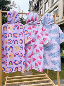 1pc Kids Girls Microfiber Quick Dry With Zipper And Hood Wearable Beach Towel, Waterproof Windbreaker For Swimming Pool, Beach, Rainbow, Watermelon, Leaves Design - Multicolor - View 7