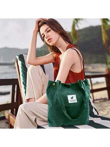 Large Cord Bag For Women Corduroy Tote Bag Women Shoulder Handbags Totes Bag For School Shopping Work College Casual - Army Green - View 2