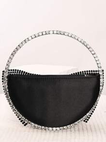 Bolsa elegante de cetim, bolsa clutch com laço 3D, bolsa decorada com cristais brilhantes, bolsa de noite com textura de cetim, bolsa brilhante com borboletas cravejadas de cristais, bolsa para o dia dos namorados, bolsa de casamento para noivas, bolsa de mão com laço de cristal feminina da moda, bolsa clutch superbrilhante para a noite com strass, bolsa de festa com borboletas redondas de cristal, leve e portátil, fecho de zíper, preto clássico, forro de poliéster, sem estampa, não lavável, adequada para combinações diárias ou festas formais