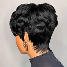 1B Color Short Elf Wig, 100% Human Hair Short Wig For Women, Glueless Short Wig With Bangs, Suitable For Daily Wear And Other Occasions, Short Elf Wig With Layered Human Hair, Quick To Wear And Go - Black - View 3