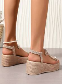 Women's Lightweight & Comfortable Minimalist Open Toe Platform Wedge Sandals With Metallic Decoration, Suitable For Summer Outdoor