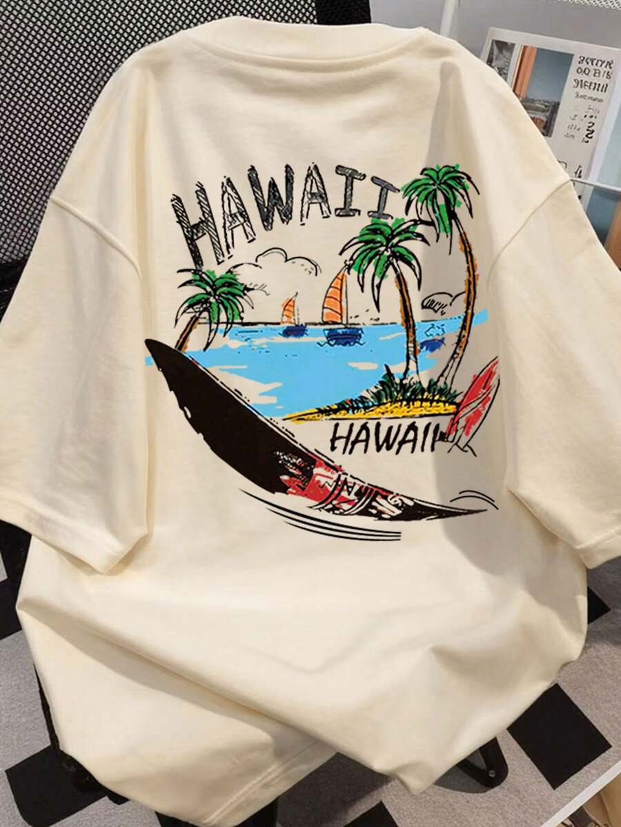 Loose Teen Boy Loose Beach Print Short Sleeve Graphic Tees , Summer Tops Crewneck ,Suitable For School, Vacation And Shopping - Apricot - View 1