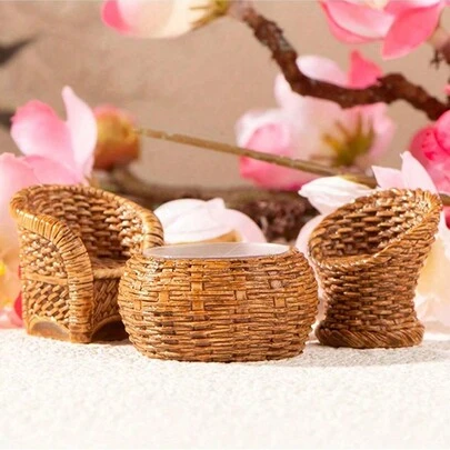 Bộ trang trí bàn ghế tre mini 5 món: Đồ trang trí bằng nhựa đáng yêu, hoàn hảo cho trang trí tiểu cảnh nhà và làm quà tặng