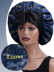 1顶缎面弹力睡帽,带抽绳蝴蝶结,印有12个星座图案,男女通用睡帽 - 黑色 - 查看 18