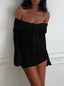 Women Off Shoulder Lace Dress Floral Pattern Bow Ruched Boat Neck Long Sleeve Slim Fit Short Dresses - Negro - Ver 3