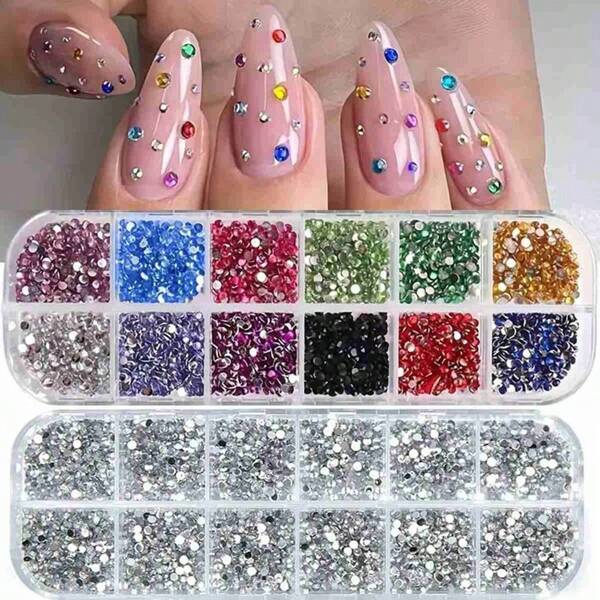 Set de 12 compartimentos con rhinestones de diferentes tamaños, piedras acrílicas 3D, gemas y perlas para decorar las uñas - Accesorios DIY para manicura