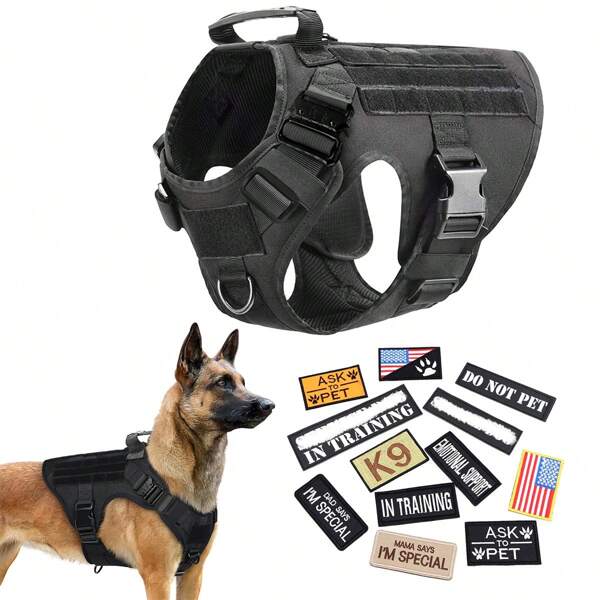 Tactical Dog Harness & 12pcs Patches, No Pulling Dog Vest For Outdoor Training Waterproof Pet Dog Harness With Rubber Handle & Metal Buckle