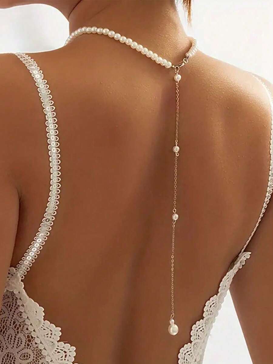 1pc/3pcs Minimalist Beach Vacation Style Faux Pearl Handmade Back Necklace, Elegant & Sexy Tassel Body Chain