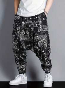 Linen Blend Men's Drawstring Harem Pants, Bohemian Pattern Casual Loose Streetwear Pants, Hip Hop/Rapper Style - Black - View 4