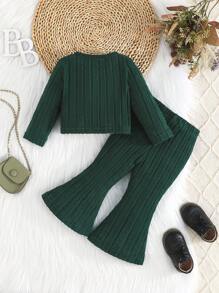 2pcs Baby Girls Spring/Autumn Simple Long Sleeve Top And Flared Leg Pants Set