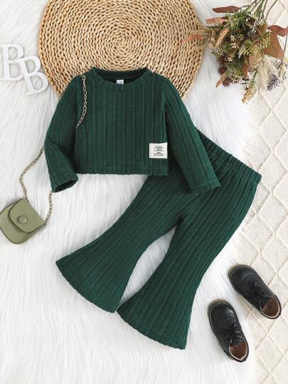 2 件装女婴春秋简约长袖上衣和时尚喇叭裤套装