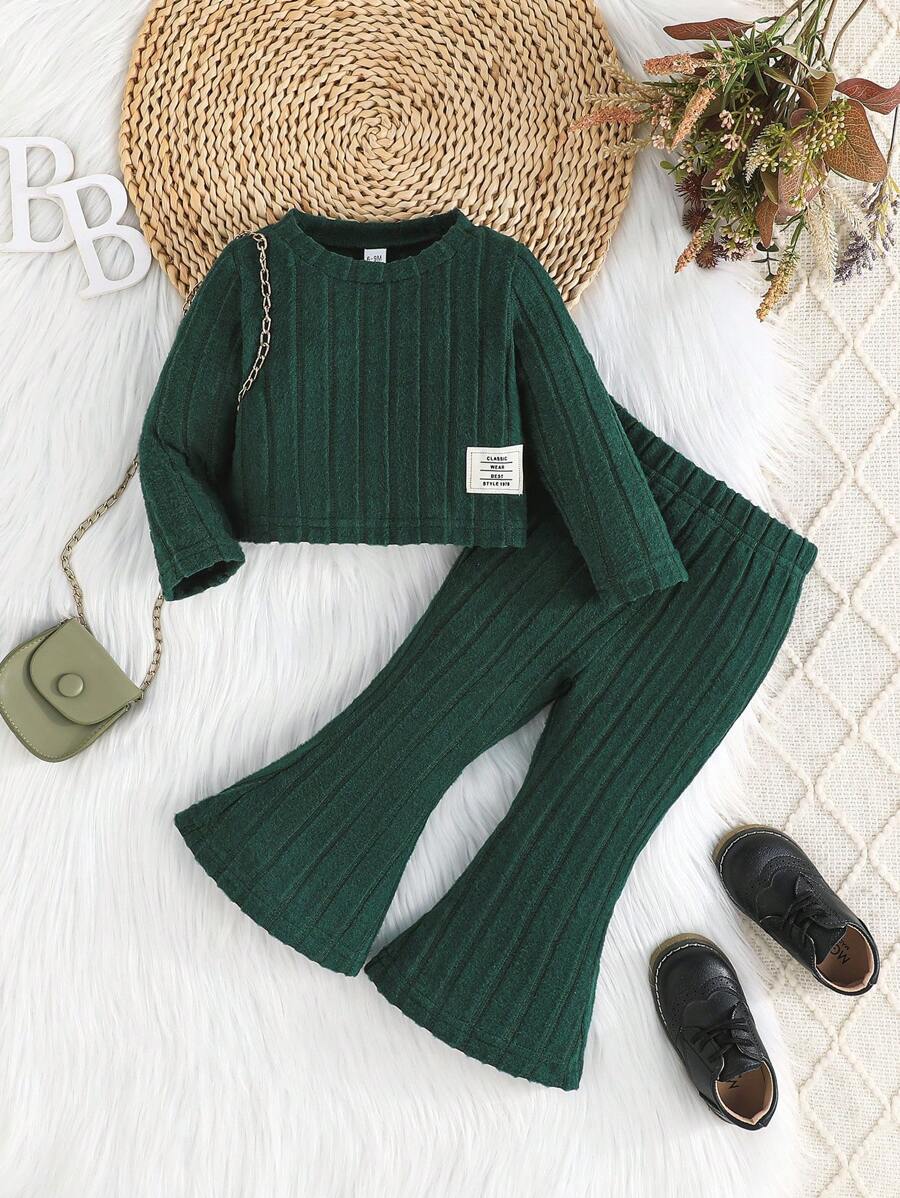 2pcs Baby Girls Spring/Autumn Simple Long Sleeve Top And Flared Leg Pants Set