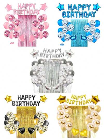 40pcs Birthday Balloon & Tassel Curtain Set, Birthday Party Decorations