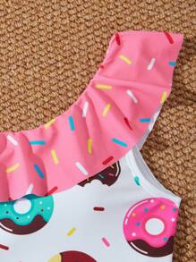 Traje de baño de una pieza para niña preadolescente con estampado de rosquillas y cintura hueca - Multicolor - Ver 3