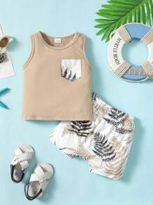 男婴树叶印花度假风休闲上衣+裤子套装 - 杏色 - 查看 1