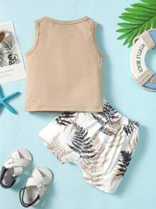 男婴树叶印花度假风休闲上衣+裤子套装 - 杏色 - 查看 2