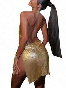 Women Bodycon Slit Dress Halter Neck Backless Glitter Mini Dress For Night Clubs Bars Party Female Outfits Clubwear - Vàng - Xem 2