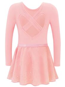 2 件套年轻女孩长袖心形背舞蹈紧身衣带亮片裙、芭蕾舞和体操服 - 藕粉色 - 查看 2