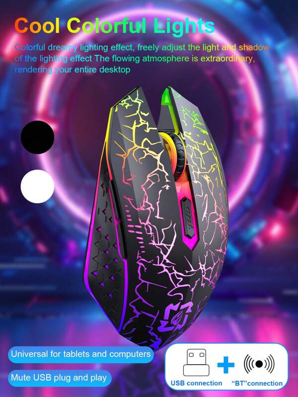 Bluetooth 2.4G Dual-Mode Wireless Mouse, Game Mouse Crack Design, Wireless Mouse With Bluetooth, Dual-Mode, Silent, Rechargeable, 3-Gear DPI Adjustment, Gaming, Office, Notebook, Desktop, Wireless RGB Backlit Mouse