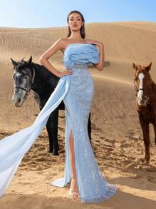 Faeriesty Đầm dạ hội và váy dự tiệc sang trọng cổ bất đối xứng, dáng đuôi cá, đính cườm, thích hợp cho Giáng sinh và các dịp cưới hỏi. - Màu xanh nhạt - Xem 6